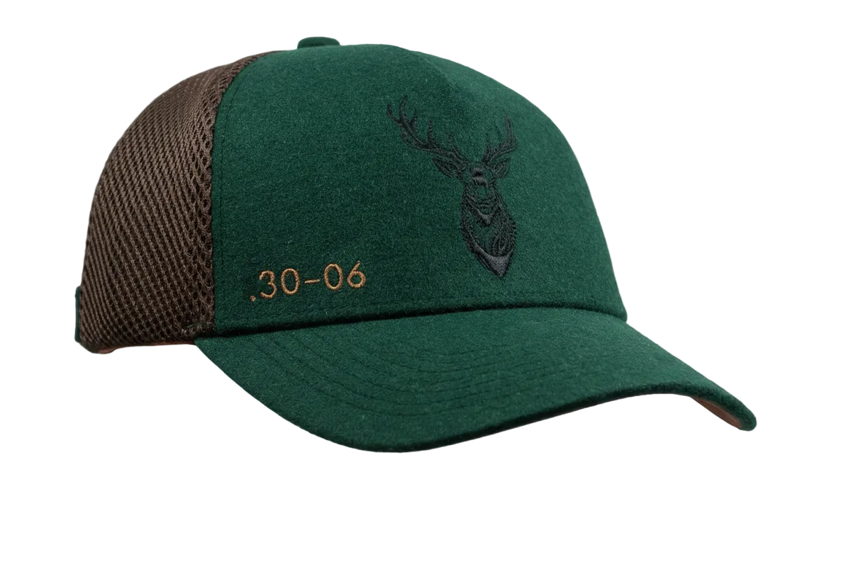 FS Jagd Cap – Jagdkappe aus Loden & Mesh | Erlegerbruch-Halter | Kaliber-Stickerei | Waldgrün