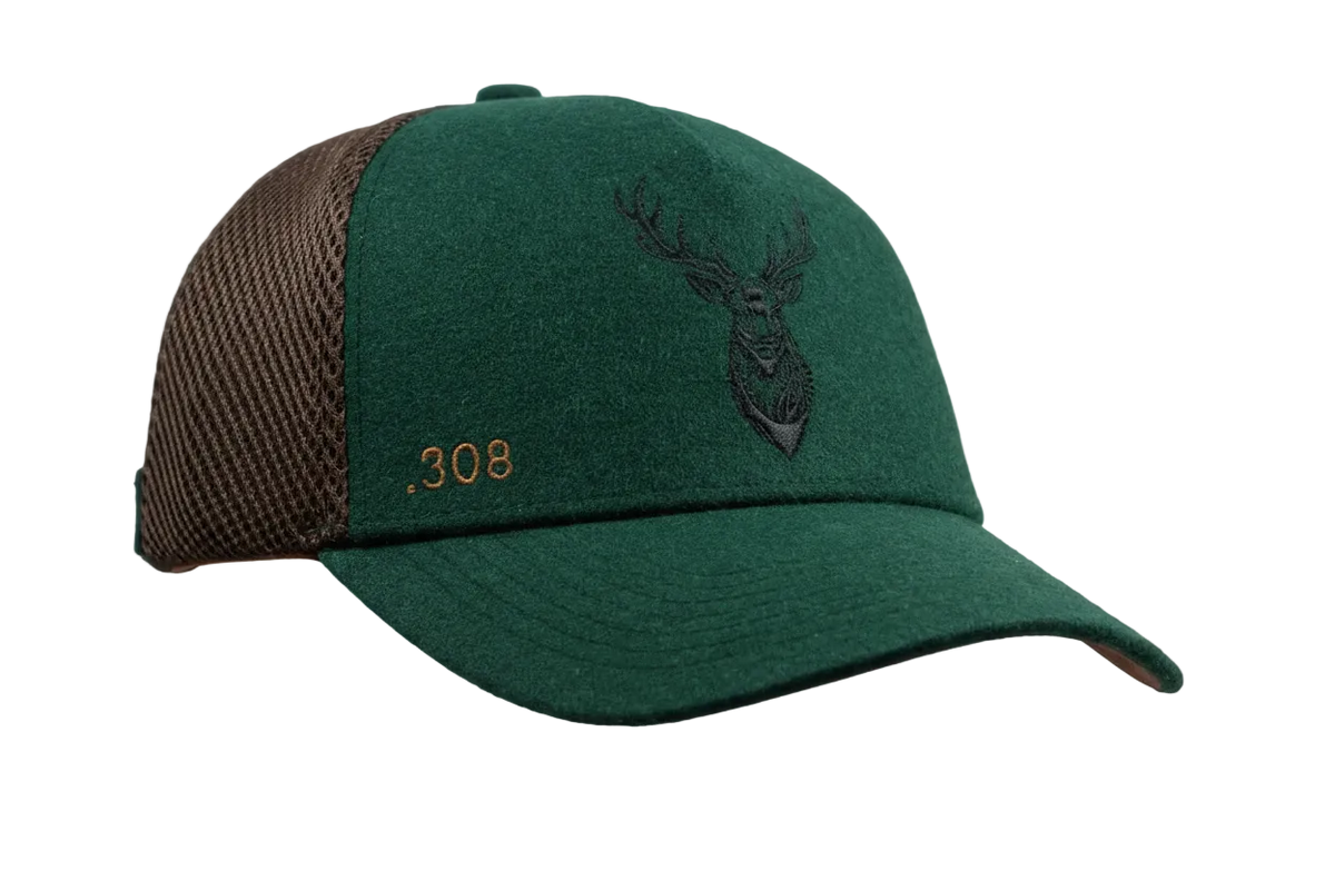 FS Jagd Cap – Jagdkappe aus Loden & Mesh | Erlegerbruch-Halter | Kaliber-Stickerei | Waldgrün