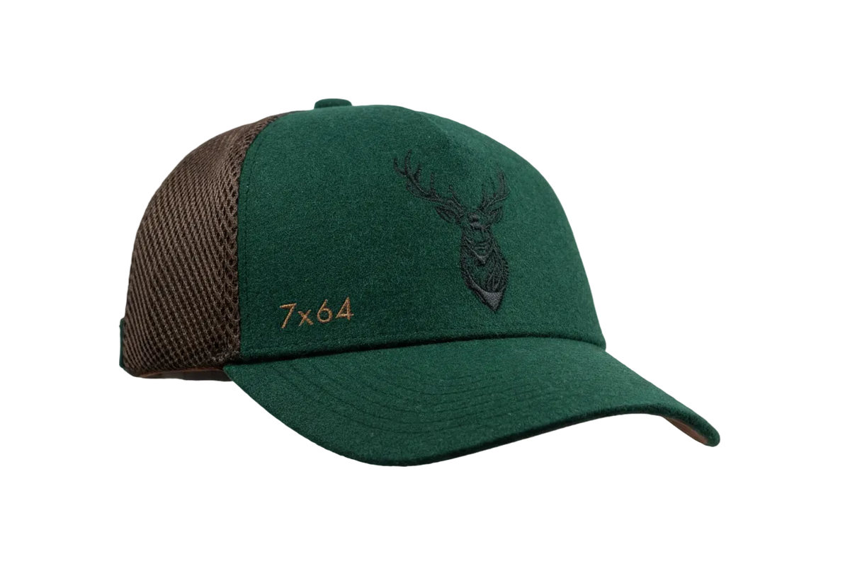 FS Jagd Cap – Jagdkappe aus Loden & Mesh | Erlegerbruch-Halter | Kaliber-Stickerei | Waldgrün