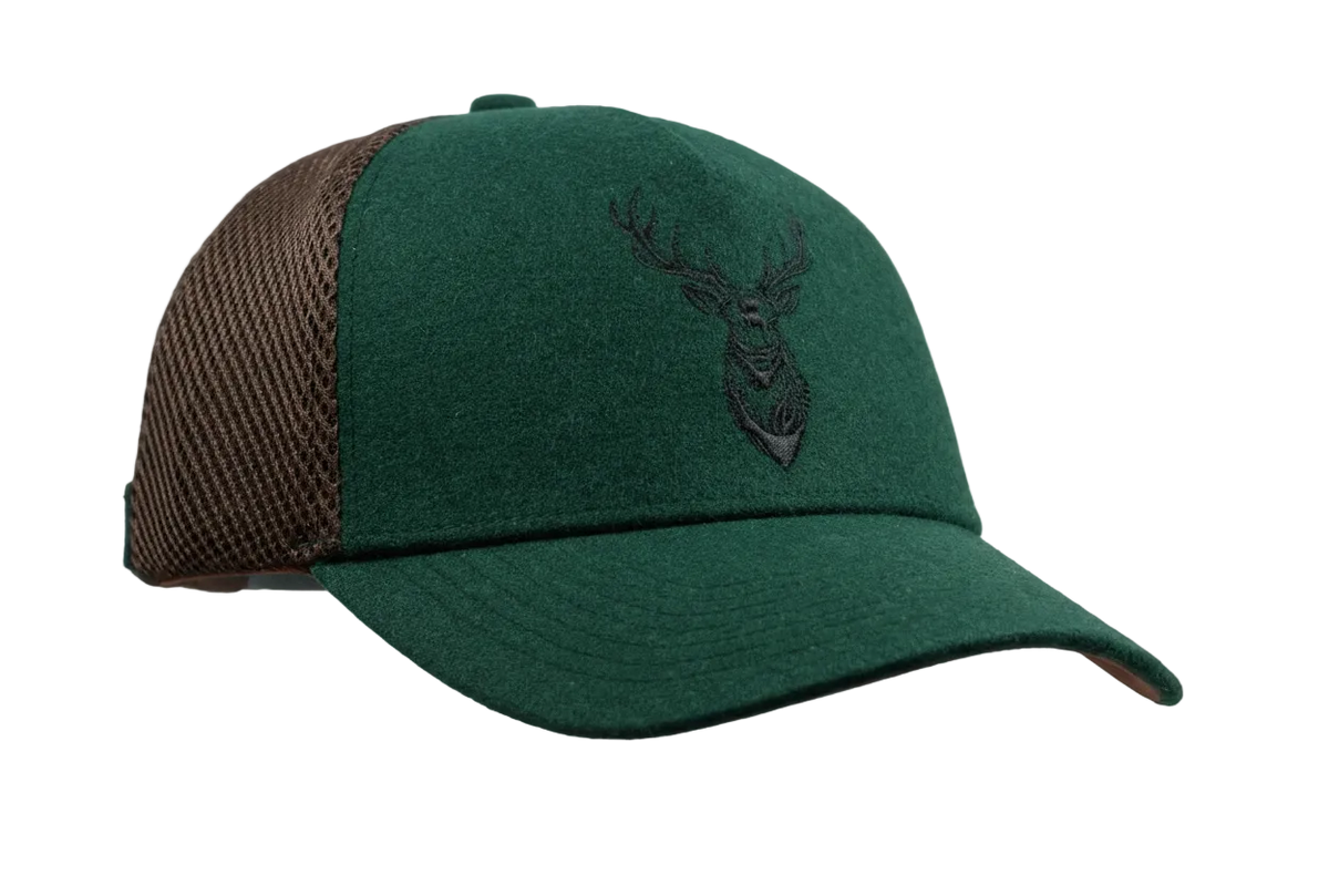FS Jagd Cap – Jagdkappe aus Loden & Mesh | Erlegerbruch-Halter | Kaliber-Stickerei | Waldgrün