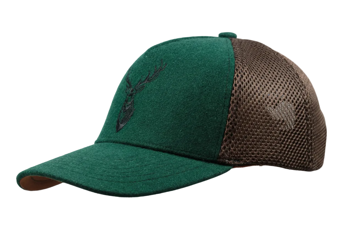 FS Jagd Cap – Jagdkappe aus Loden & Mesh | Erlegerbruch-Halter | Kaliber-Stickerei | Waldgrün